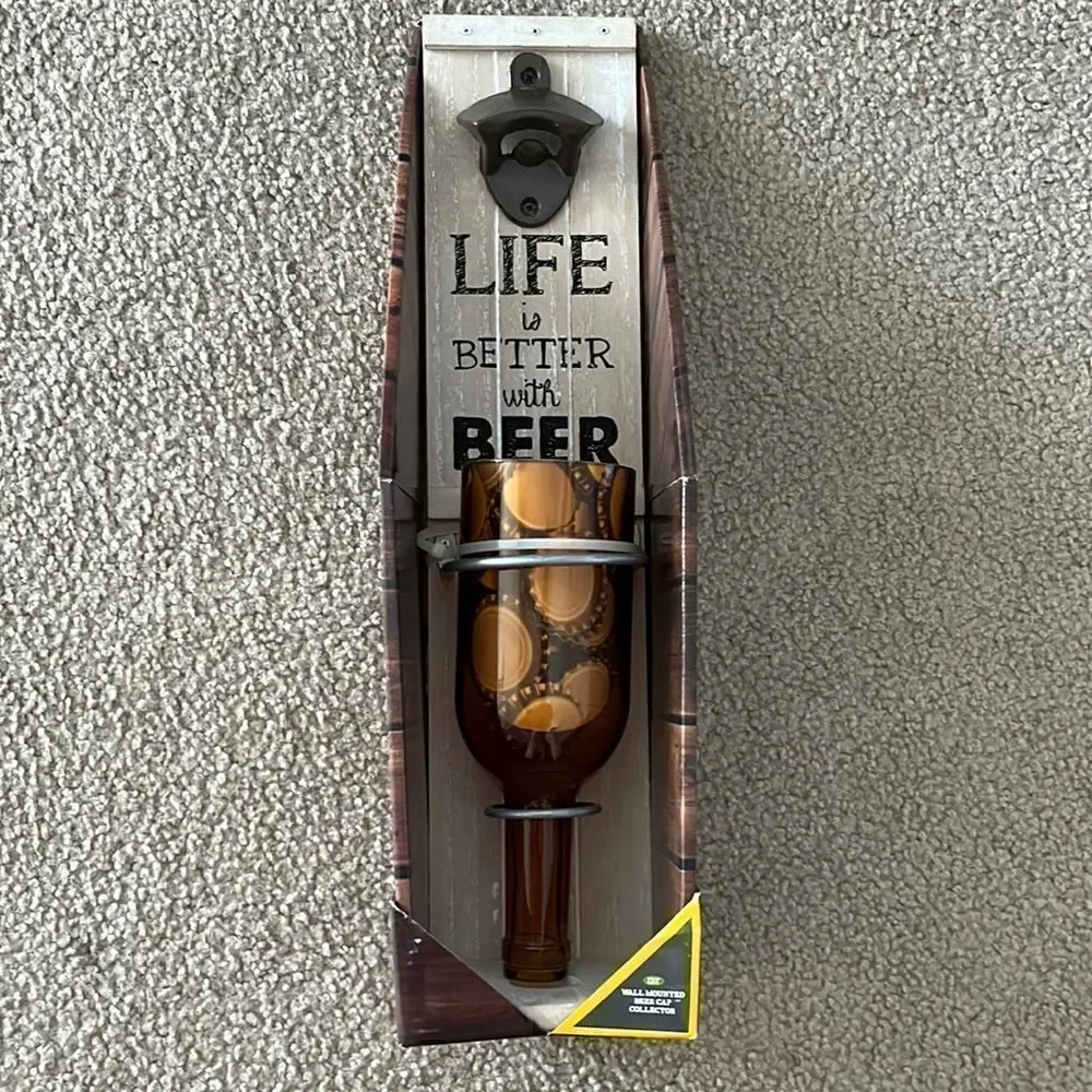Wall Mounted Beer Cap Collector with Upside Down Glass Bottle and Cap Opener